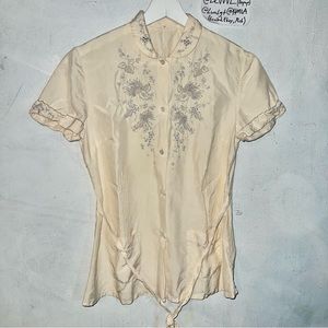 Vintage Edwardian Couture Silk Embroidered Button Up Blouse. Size XS
